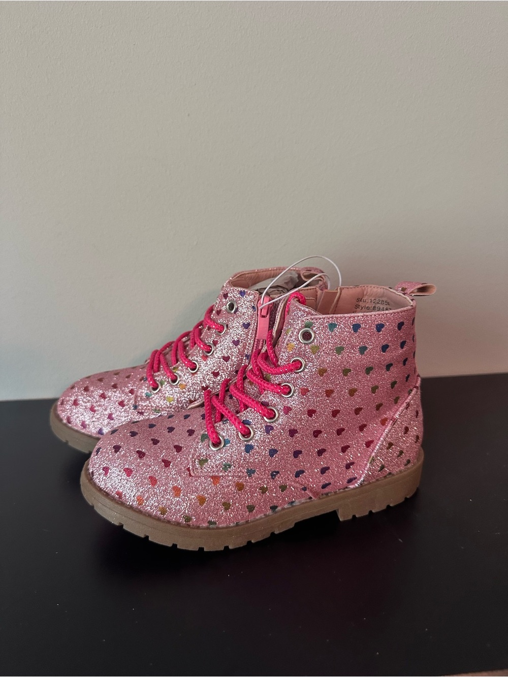 NEW - size 12 Kids Pink Glitter Heart Lace-Up Boots